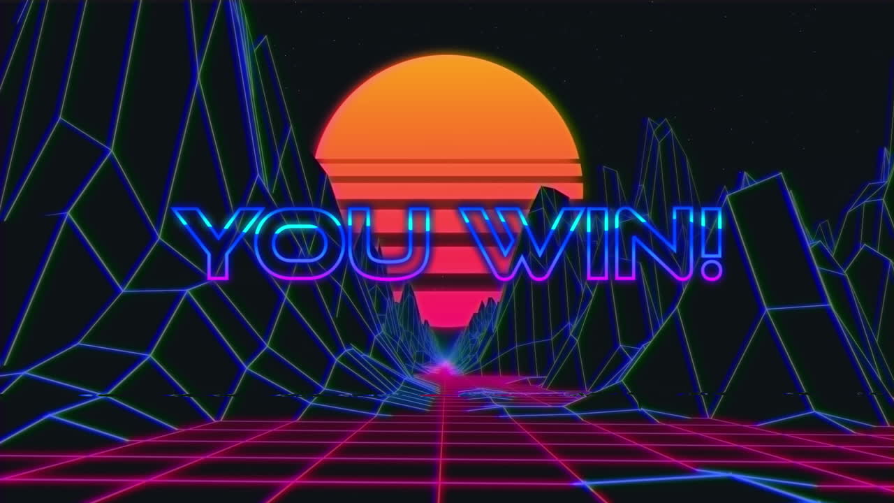 애니메이션 빈티지 비디오 게임 화면에 당신이 이기는 단어가 적혀 있습니다.