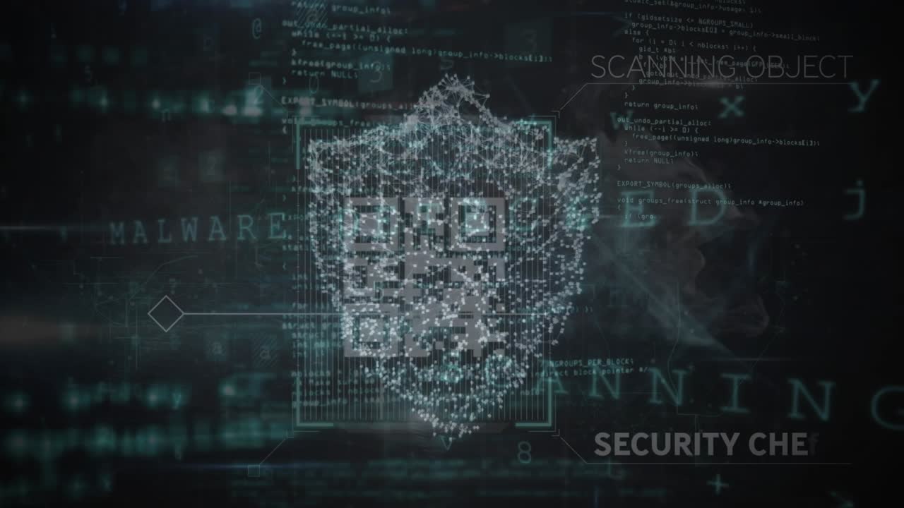 Animation of digital shield and qr code over data processing on black background