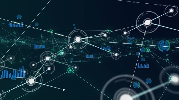 Animation of network of connections with digital icons over statistics