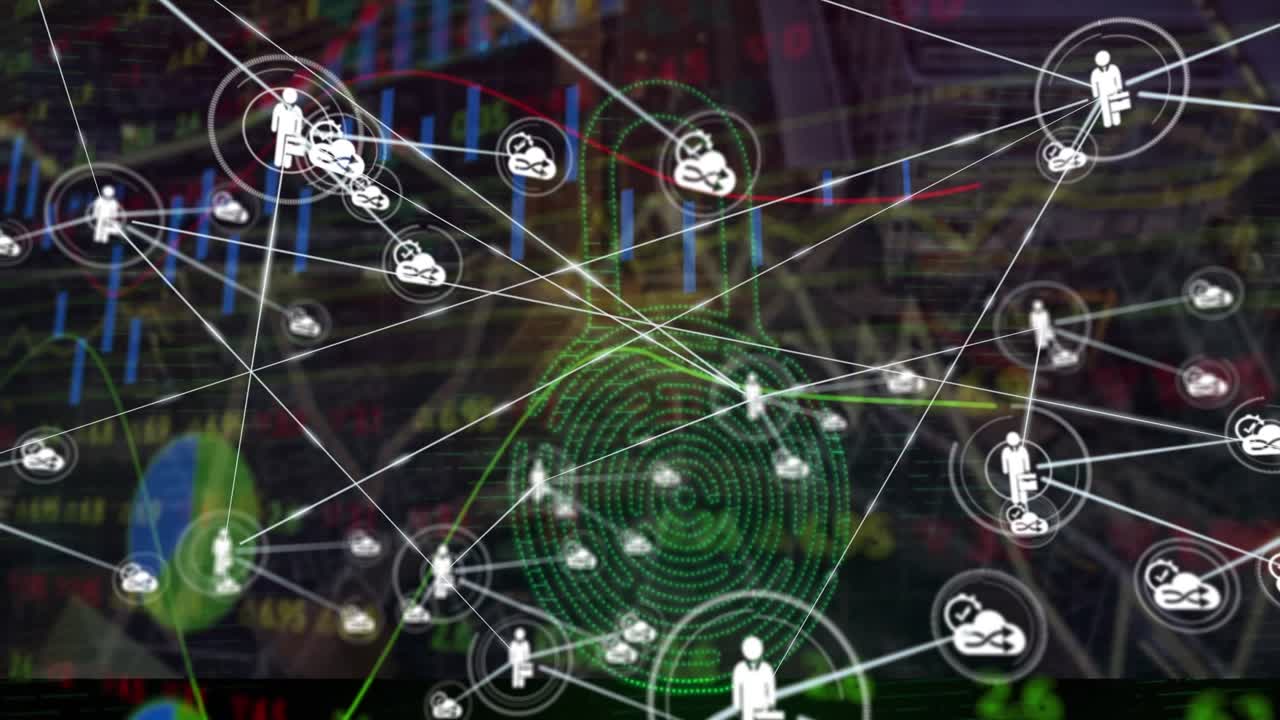 Animazione di una rete di connessioni con icone su elaborazione dati e lucchetto su sfondo nero.