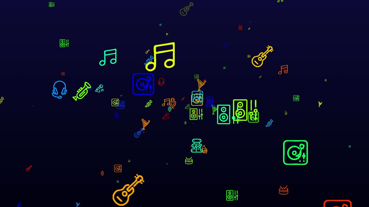 world Music Day. neon icons background. seamless pattern. loop animation. small, multicolored icons, illustrations or logos appear, fly slowly on black backdrop