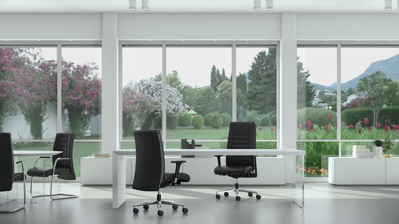 Empty modern office with tables and chairs, garden outside the window. Background Plate, Chroma Key Video Background