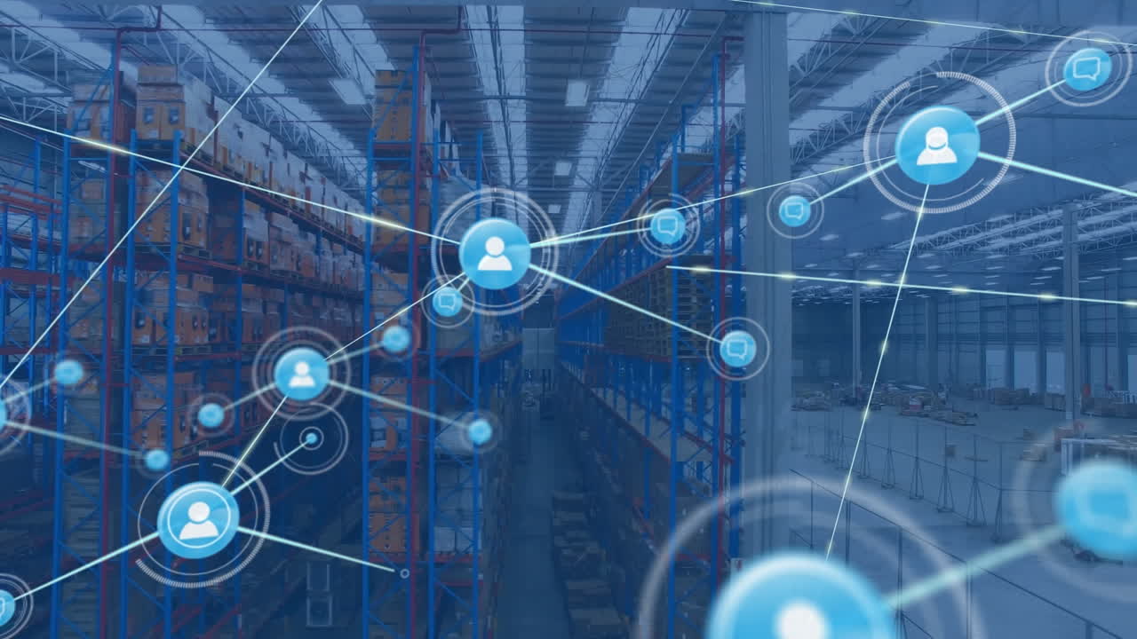 animación de la red de conexiones con iconos sobre el almacén en segundo plano