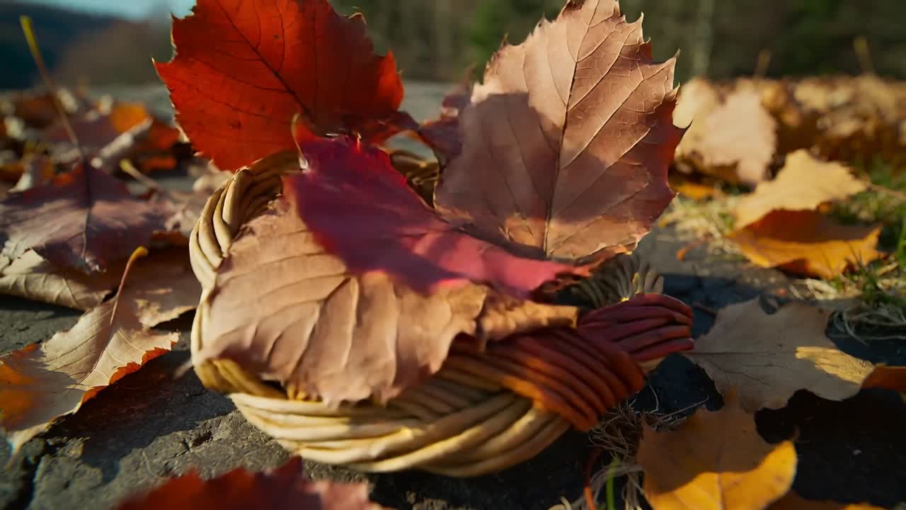 Böiger Wind weht rote, goldene Blätter auf einen kleinen geflochtenen Ring auf einer Steinoberfläche, wo sie sich zu einem Haufen sammeln.