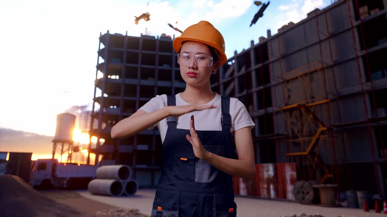 Asian Woman Worker Wearing Goggles And Safety Helmet Looking At Camera And Showing Time Out Hands Gesture While Standing At Construction Site