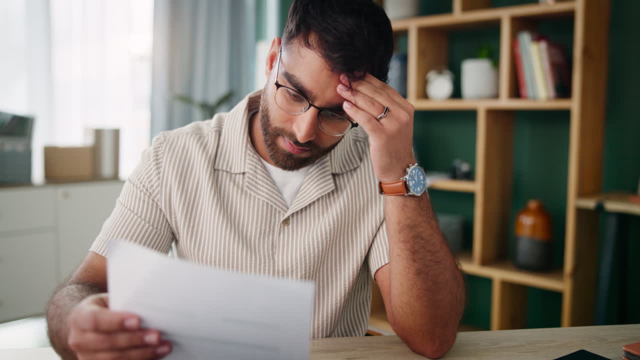 Stressed man with financial problems looking at bills at his home office