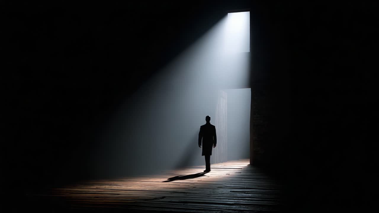 A solitary figure standing in the light of an open doorway, casting a long shadow on the wooden floor as beams of light illuminate the dark space around them