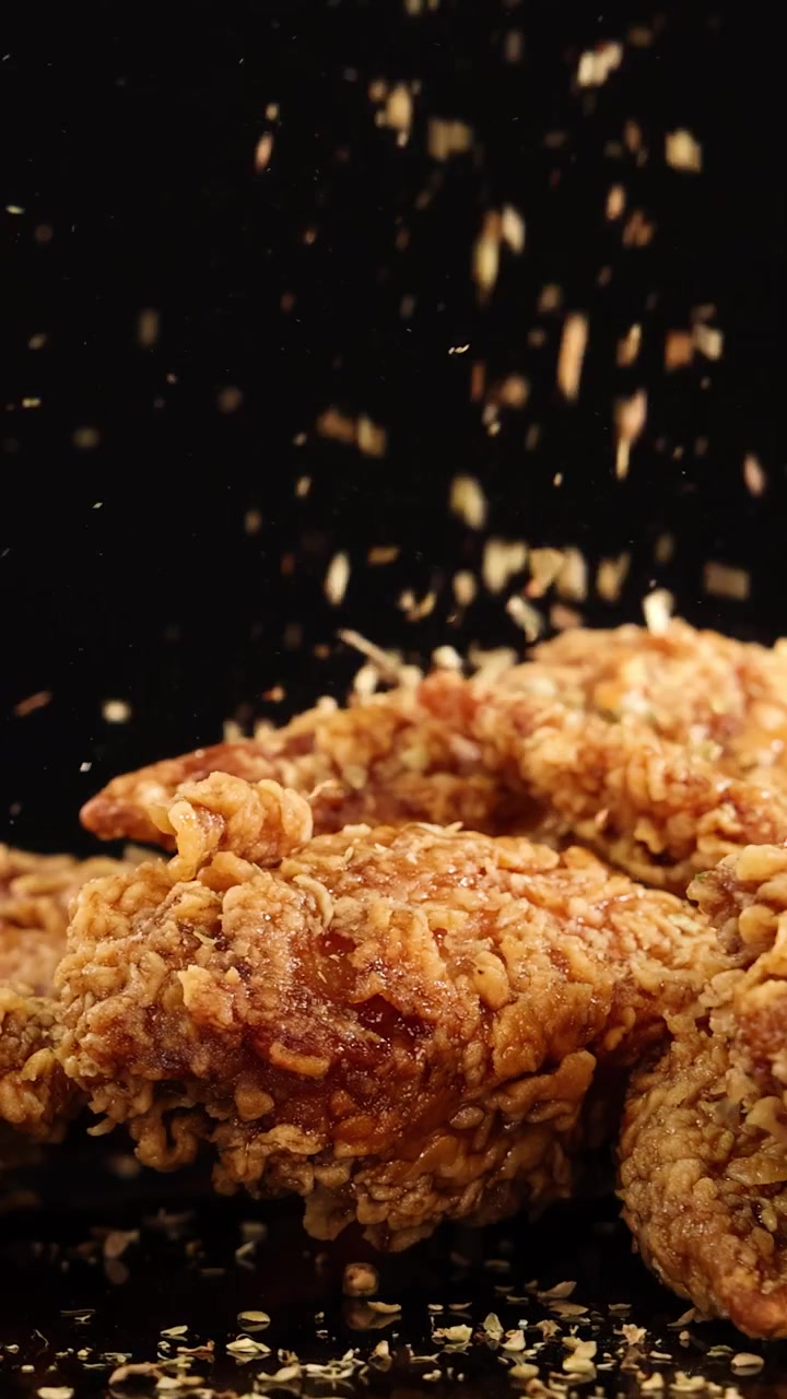Sayap ayam goreng keemasan diputar perlahan saat oregano kering ditaburkan di atasnya, difoto dengan pencahayaan studio dramatis berlatar belakang hitam.