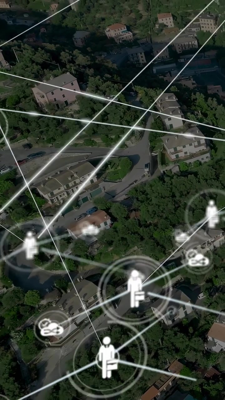 Vertical video: Person node fading in and drawing line, building business network over suburb map