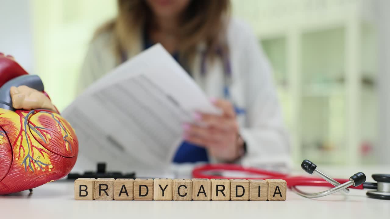 Professionista medico che esamina documenti con la parola Bradicardia e un modello di cuore
