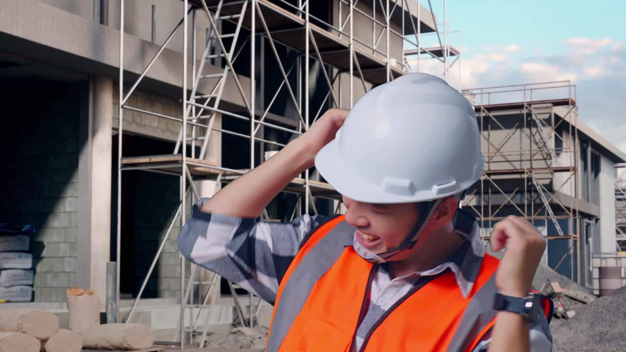 Close Up Of Asian Male Engineer With Safety Helmet Screaming Goal And Dancing Celebrating At Building & Construction Site in Progress to New House