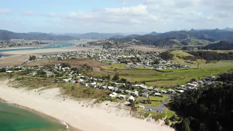 Aerial-View,-Serene-Tairua-Beach,-North-Island,-New-Zealand-on-Sunny-Summer-Day