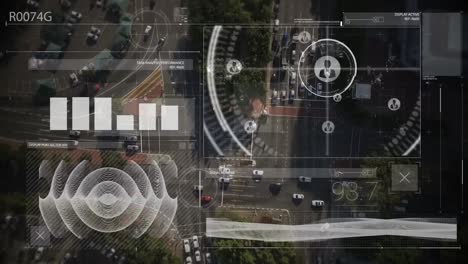 animación de la interfaz gráfica infográfica sobre vista aérea de vehículos que se mueven en la calle de la ciudad