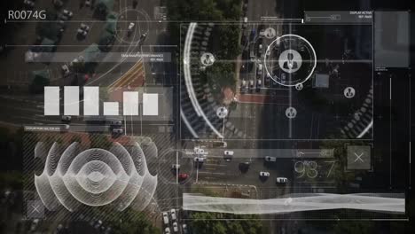 animation of graphical infographic interface over aerial view of vehicles moving on street in city