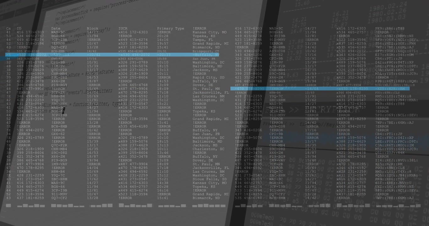 Monitor powering on revealing terminal log columns fading cyan highlight scanning entries for audit