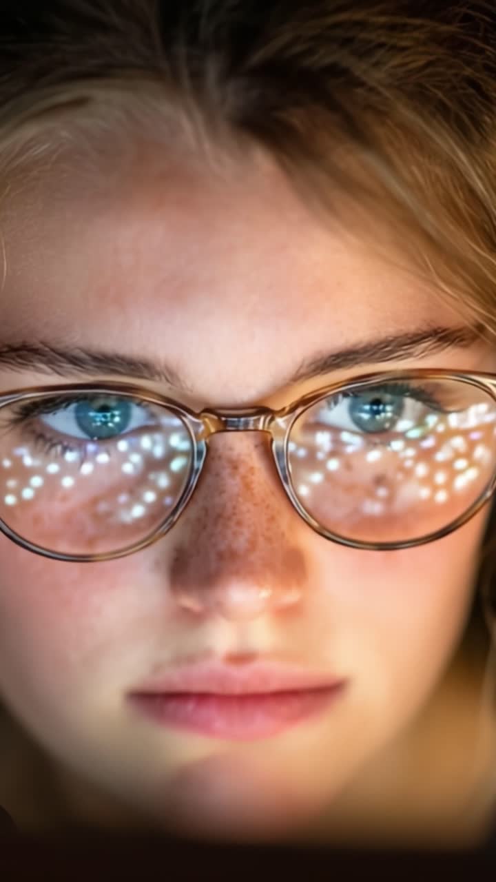 Un Ritratto Ravvicinato di una Giovane Donna con gli Occhiali, che Cattura il Riflesso di Luci Scintillanti, Mostrando Intensità e Profondità nel Suo Sguardo