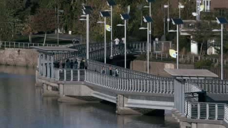 Schuylkill-Banks-walkway,-South-Street-Bridge,-Philadelphia,-sunset