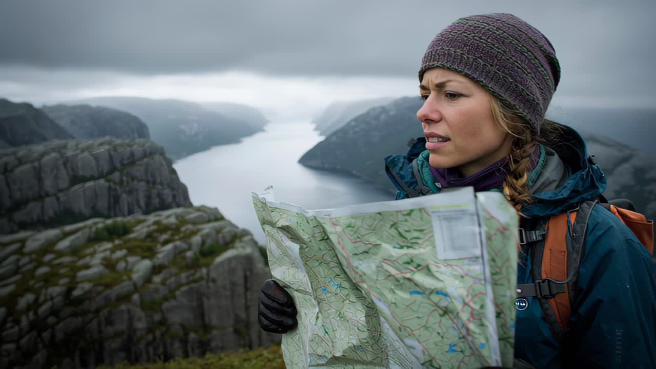 Outdoor travel scene of a young woman hiker holding a paper map on a rocky cliff viewpoint above a misty fjord, wearing warm clothes and backpack in Norway