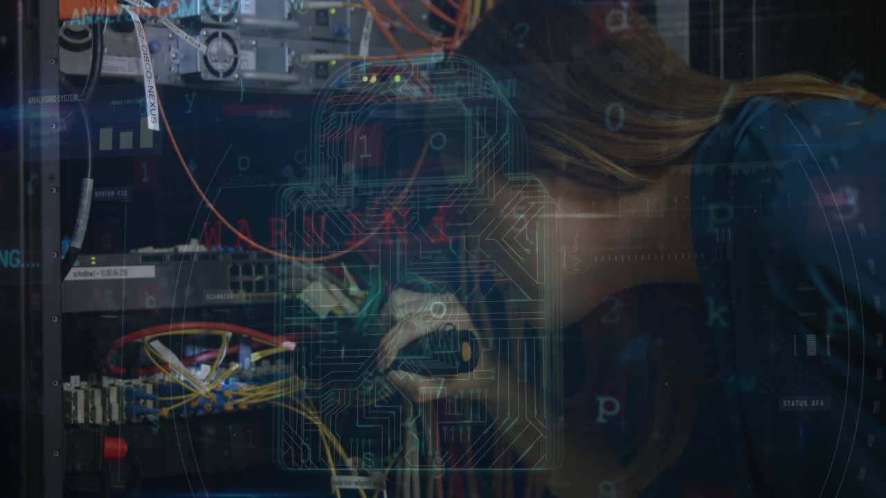 Animation of data processing over caucasian female worker in server room