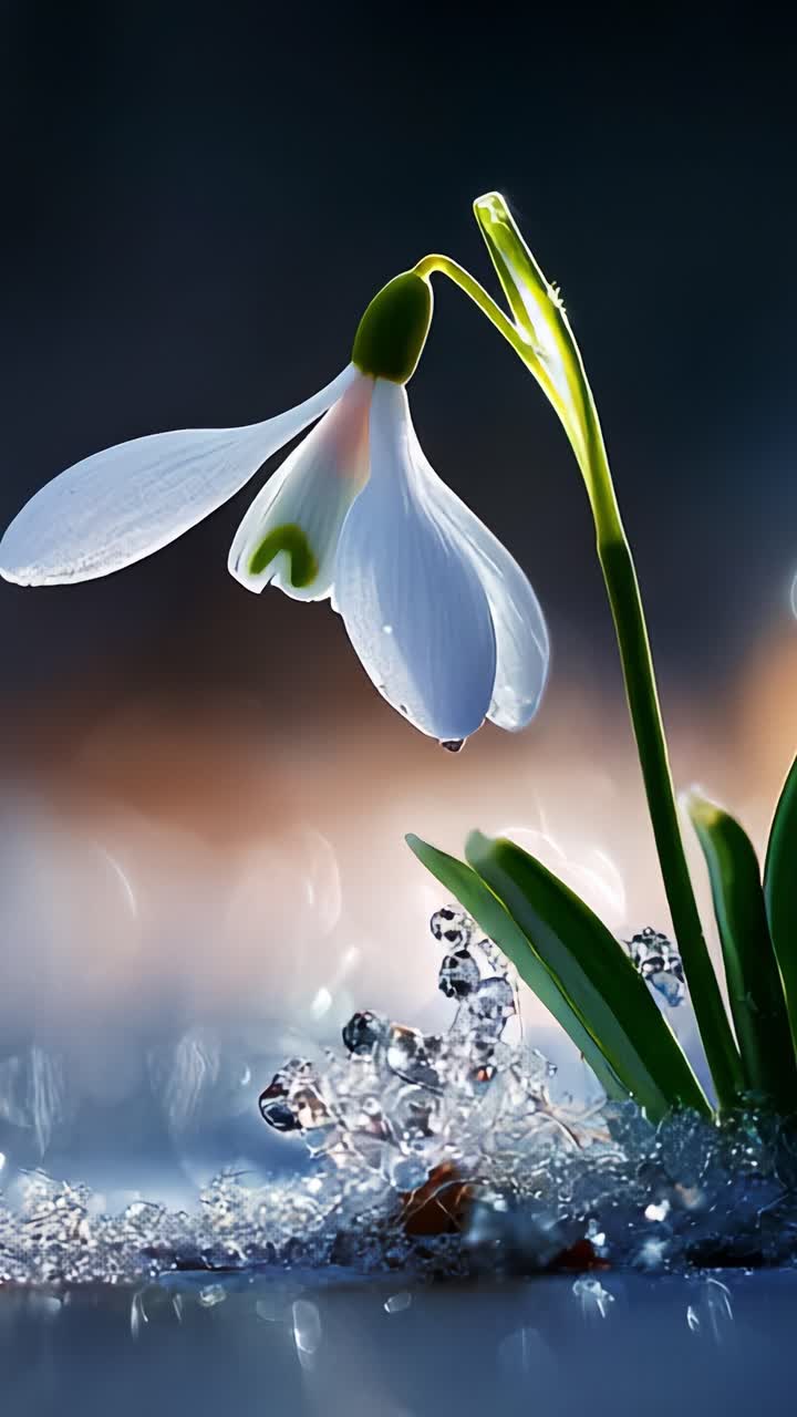 Delicate snowdrop flower glistening with dew, captured in the enchanting light of dawn, showcasing nature's beauty amidst a backdrop of fresh greenery and shimmering droplets