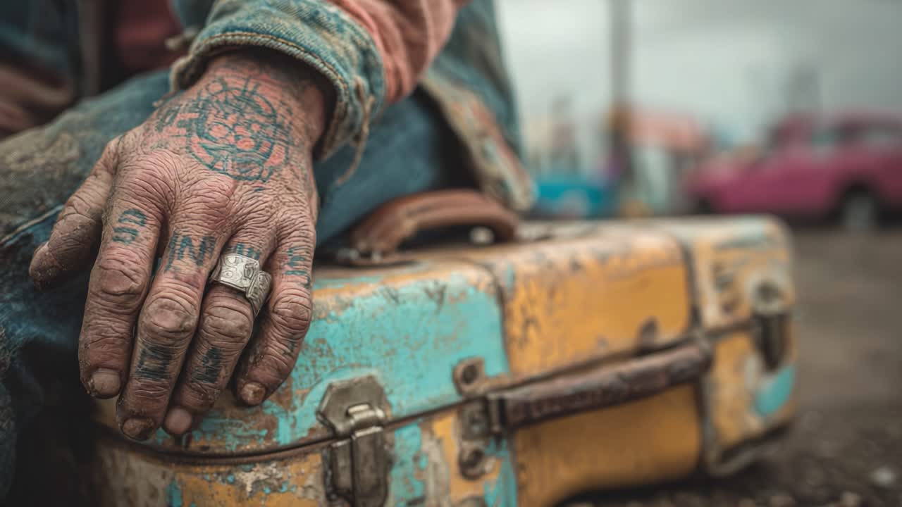A close-up of a weathered hand adorned with tattoos resting on a vintage suitcase, showcasing a poignant moment of introspection in a gritty urban setting