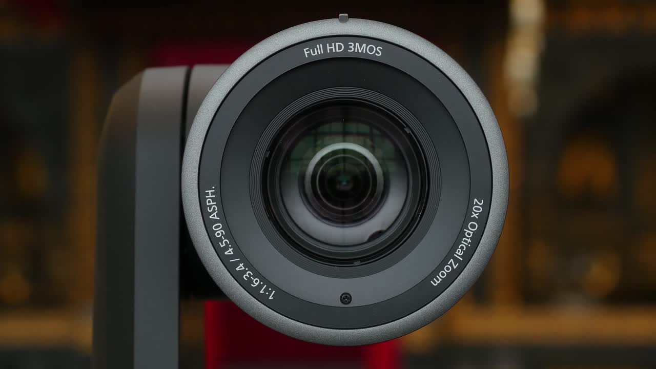 Close-up of a professional PTZ camera lens