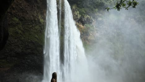 a young female looking up at a waterfall in kauai, hawaii, slow motion