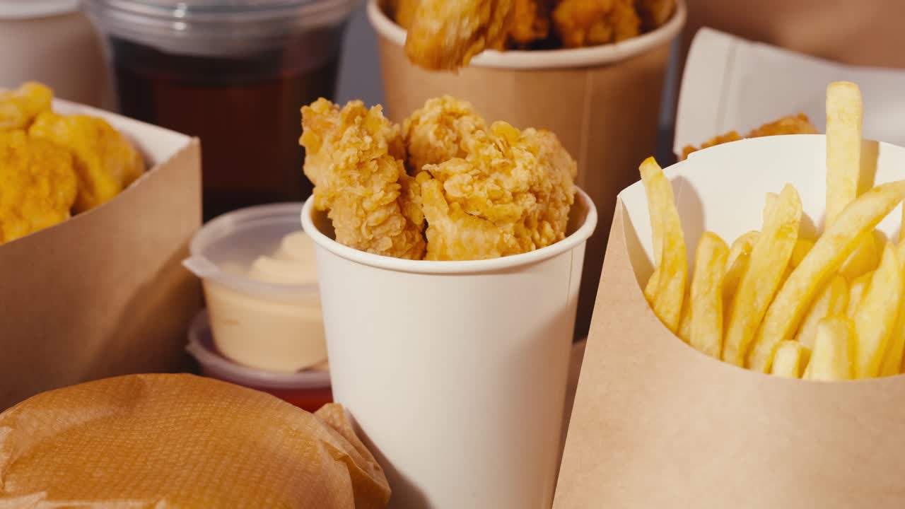 Hand reaching for fried chicken and fries in takeout containers