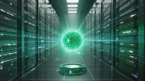futuristic server room with glowing ai sphere