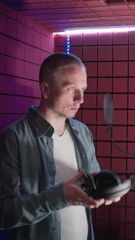 a man in a blue shirt and white inner shirt enters a red soundproof room, preparing to sing as he puts on headphones and stands ready at the microphone