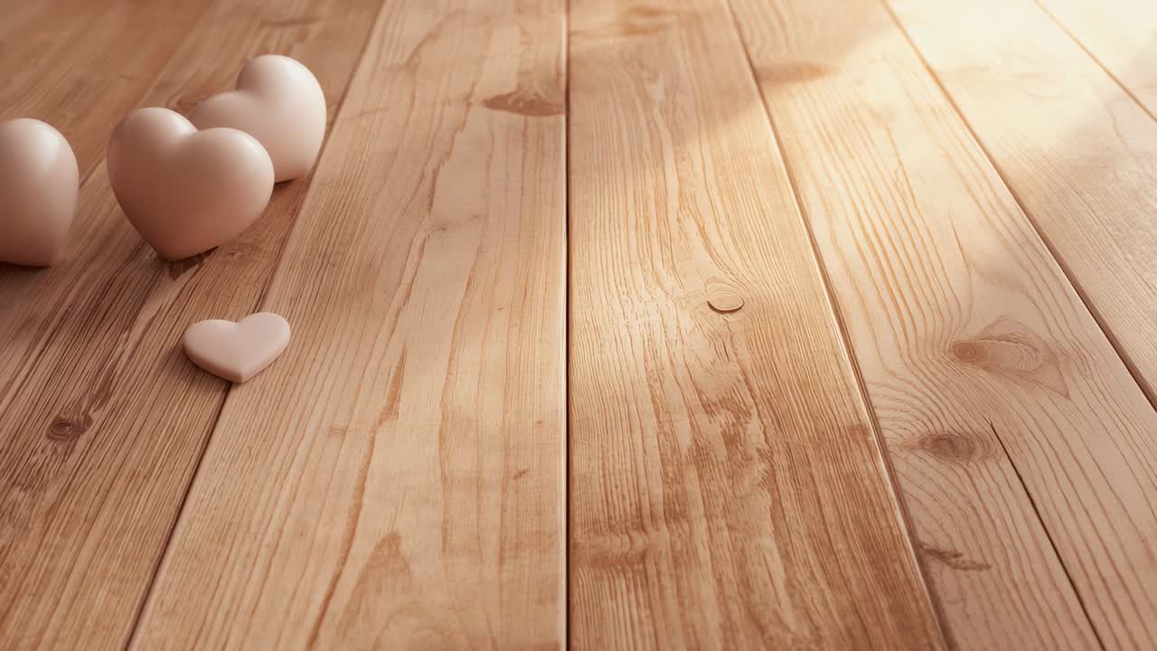 Ripresa panoramica che rivela tre cuori rosa pallido piatti su legno che mostra le venature, spazio per il testo