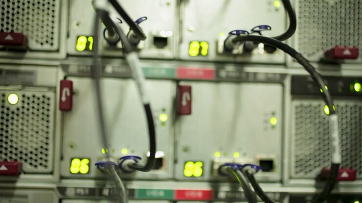 Black cables in a datacenter room, plugged to many servers, rack focus