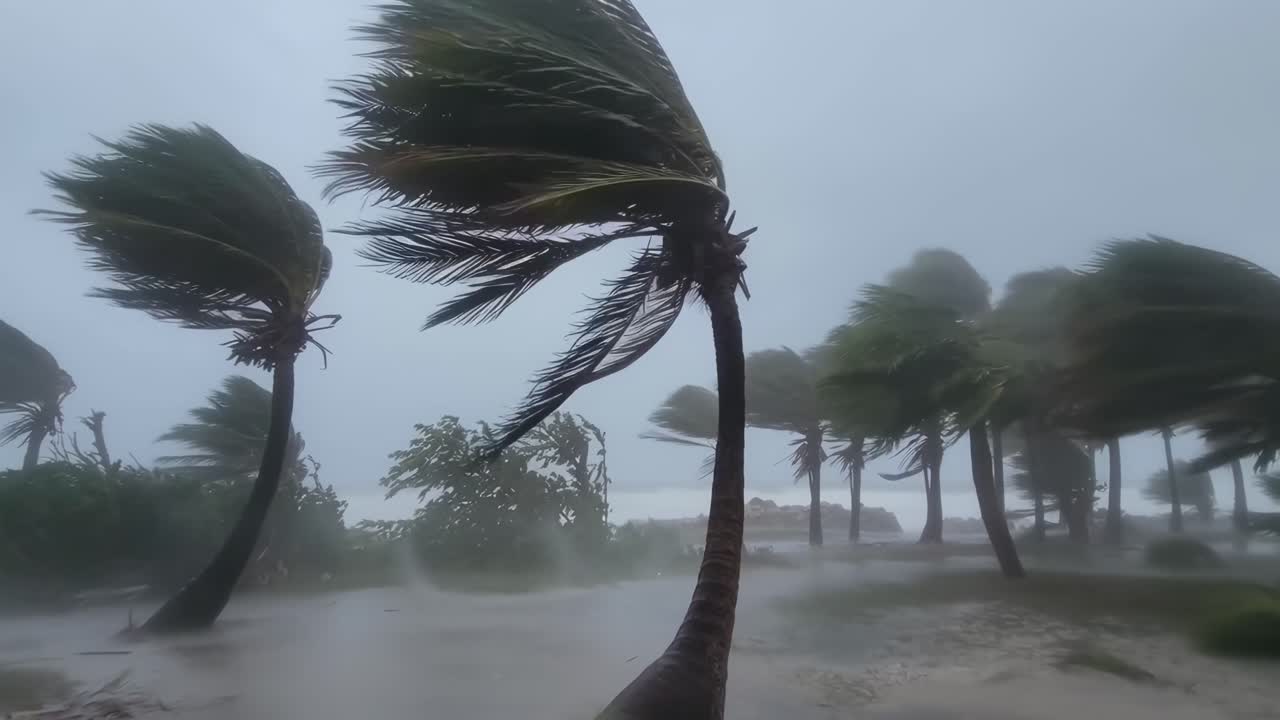 Video dramático de una tormenta con palmeras inclinándose por fuertes vientos, capturado a la altura de los ojos.