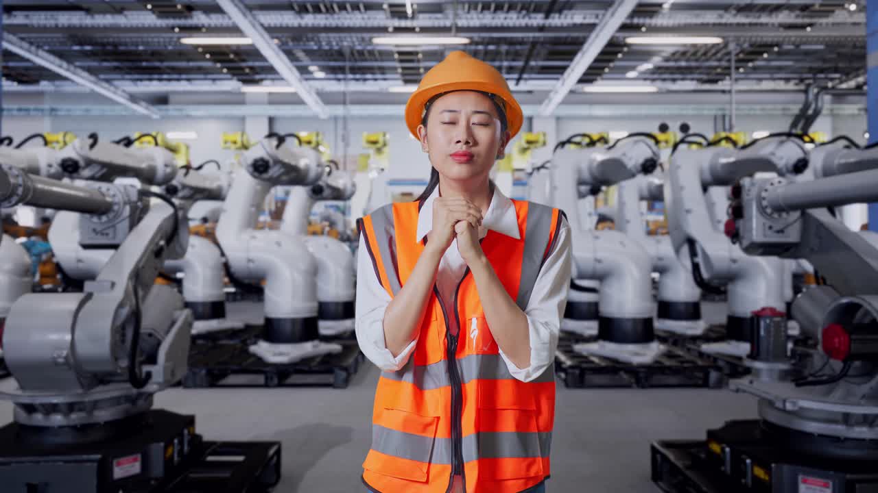 공장 에서 기도 하는 여성 노동자