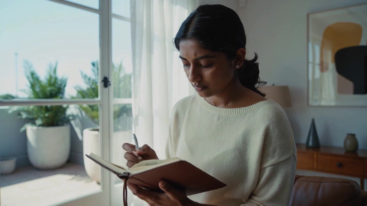 Looking at open notebook, woman in light knit sweater writing with pen, planning by glass door