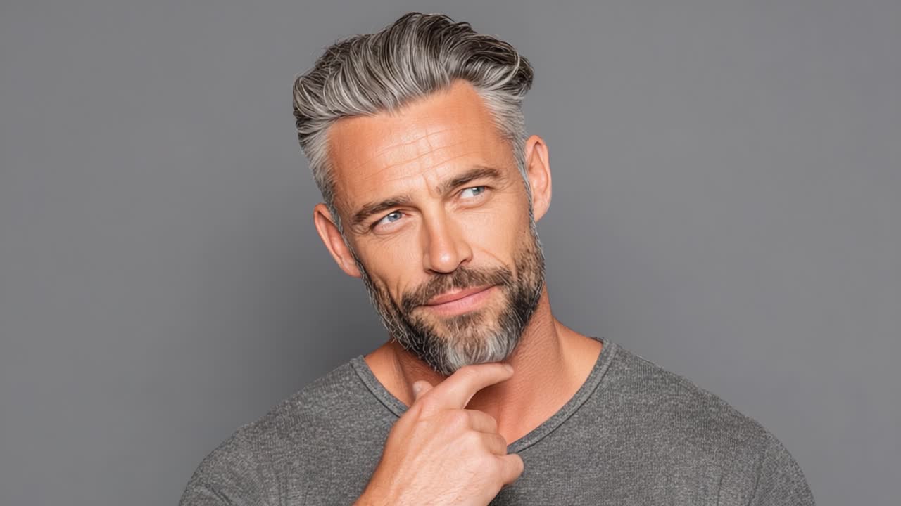 Uomo Sicuro di Sé che Contempla con un'Espressione Pensierosa e Capelli Grigi Eleganti su uno Sfondo Grigio Semplice in un'Elegante Ambientazione da Studio