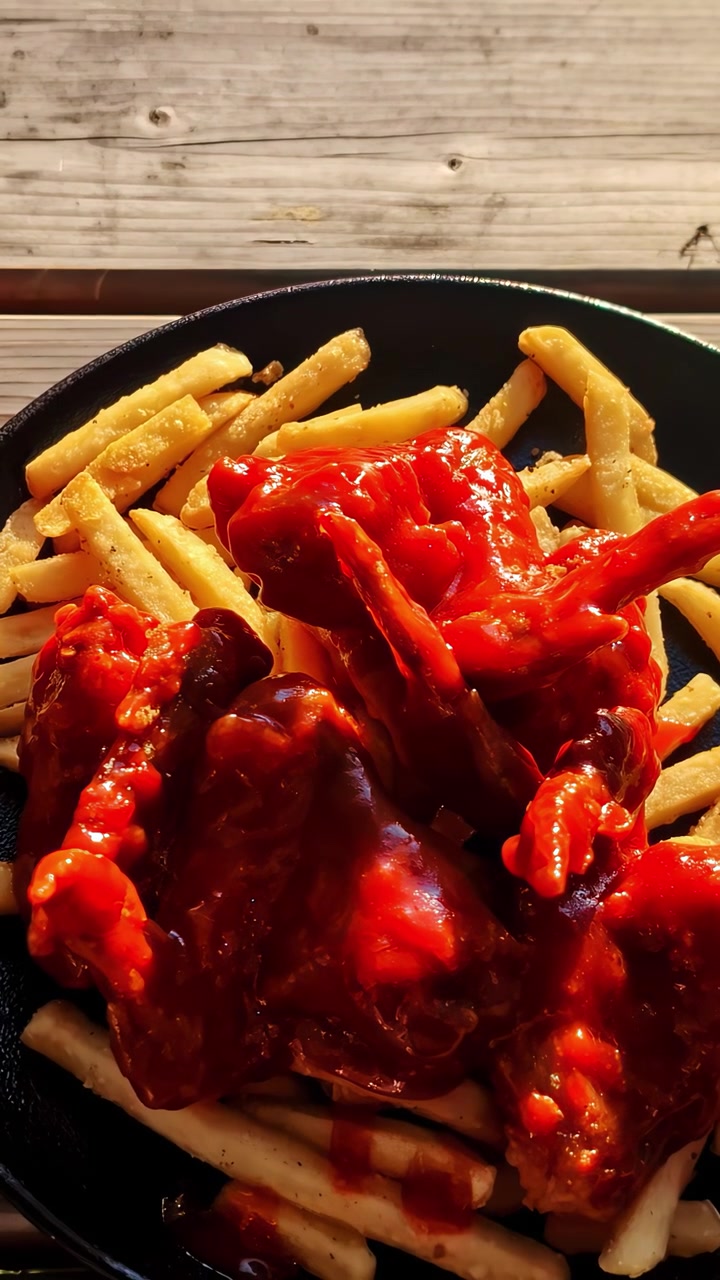 Close-up view of spicy chicken wings and fries on a wooden table during daytime.
