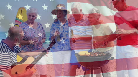 animation of flag of usa over diverse senior friends on beach in summer