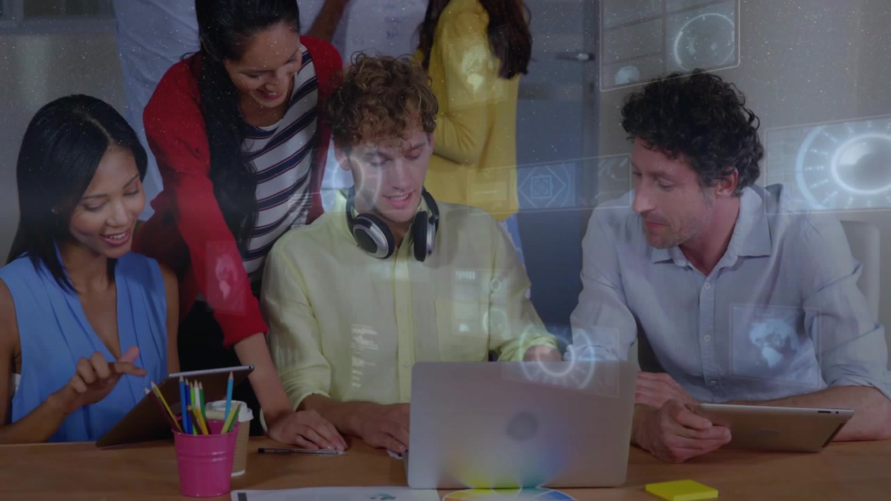 Team greeting, leaning in as laptop projecting holo UI, center typing, teammates pointing deciding