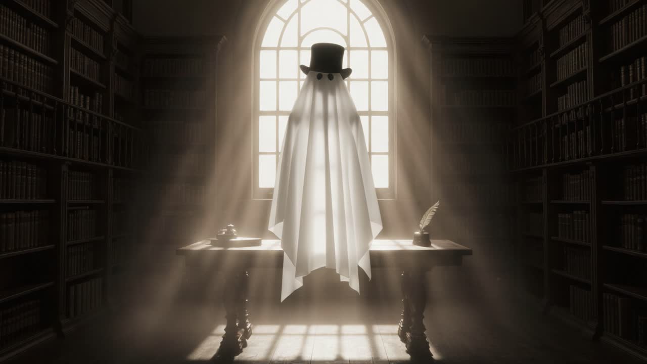 A Mysterious Phantom Apparition in an Ancient Library, Surrounded by Timeless Books and Illuminated by Ethereal Light Filtering Through a Grand Window