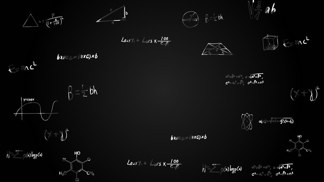 Animazione di sfondo in loop con equazioni e formule matematiche che volano e scompaiono in lontananza, scienza.