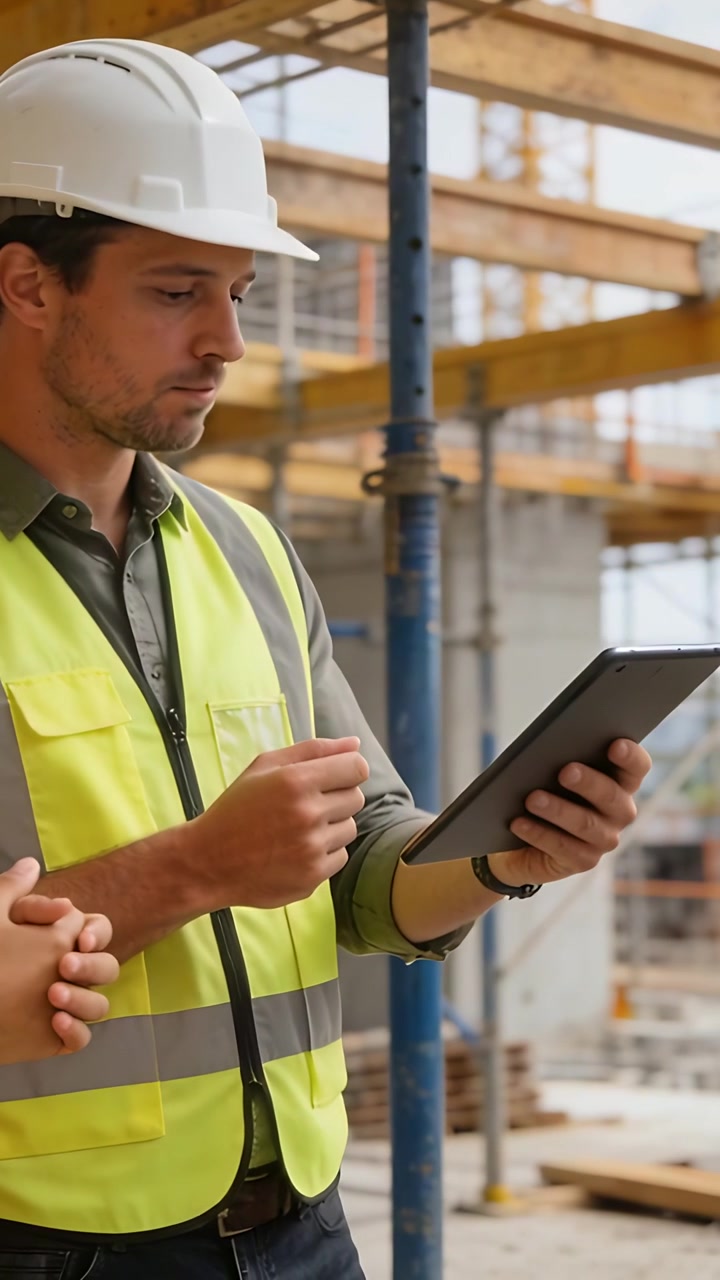 Vertical video: Reviewing tablet after colleague clap, worker with white hardhat, neon vest at site