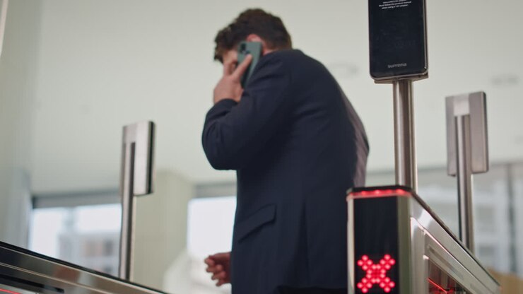 человек пытается войти в офис с помощью умных часов. звонят человеку, открывающему ворота.