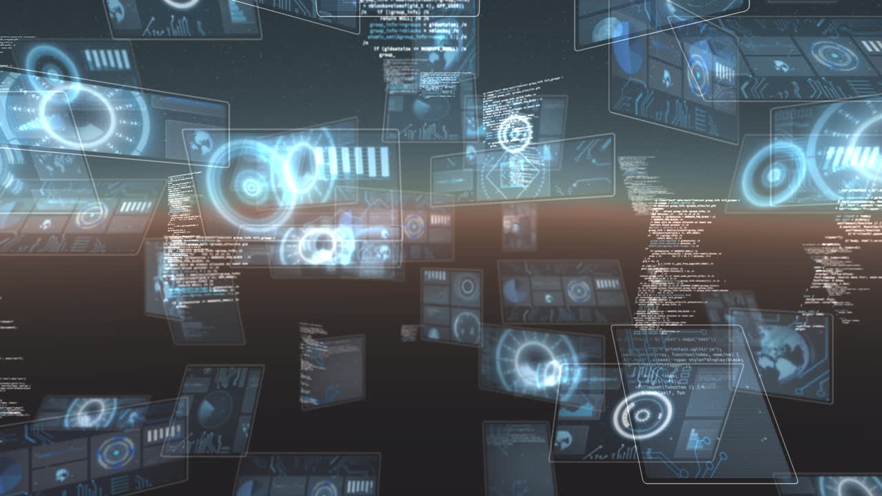 Animation of data processing and scopes scanning on screen over glowing horizon
