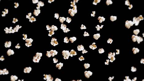 flying many popcorns on black background. white salty popcorn. healthy food. corn seed. 3d loop animation of popcorn rotating.