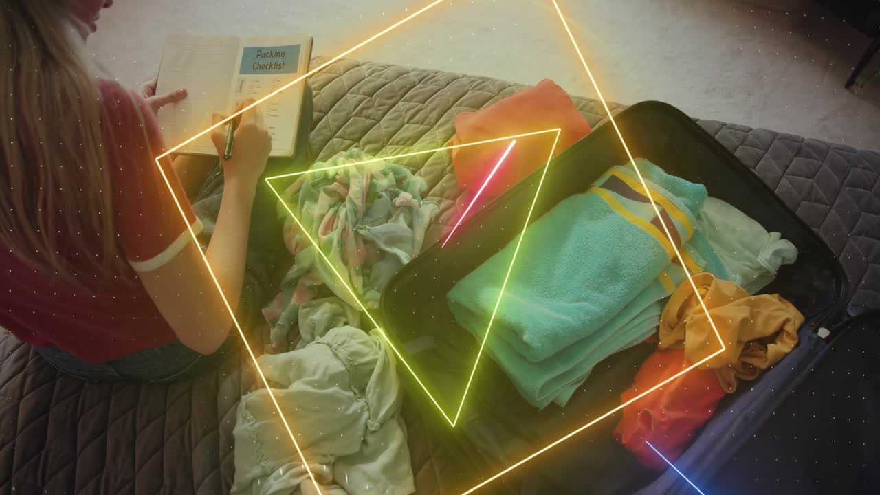 Woman using checklist, folding items on bed and packing suitcase for trip, neon graphics sweeping