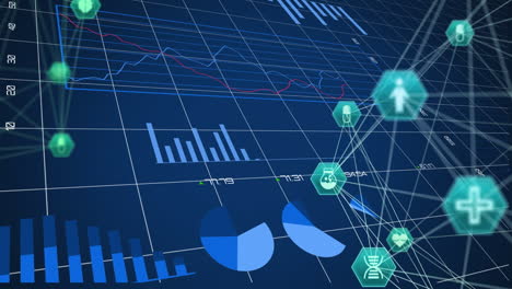 animation of globes of medical icons spinning and statistical data processing on blue background