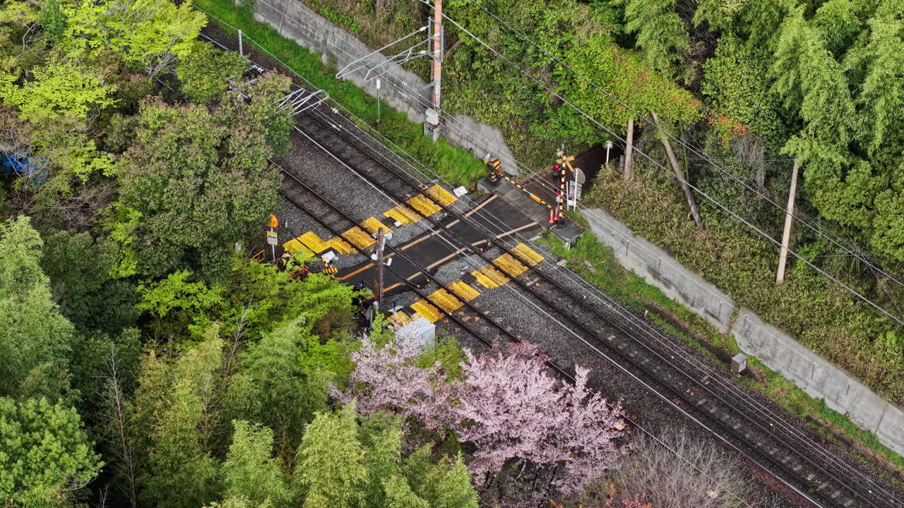 Aerial drone view of people crossing the railroad in Arashiyama, Japan