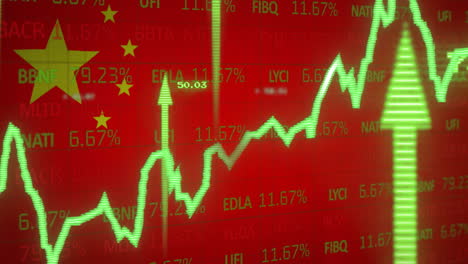 stock market data and green upward arrows animation over chinese flag background