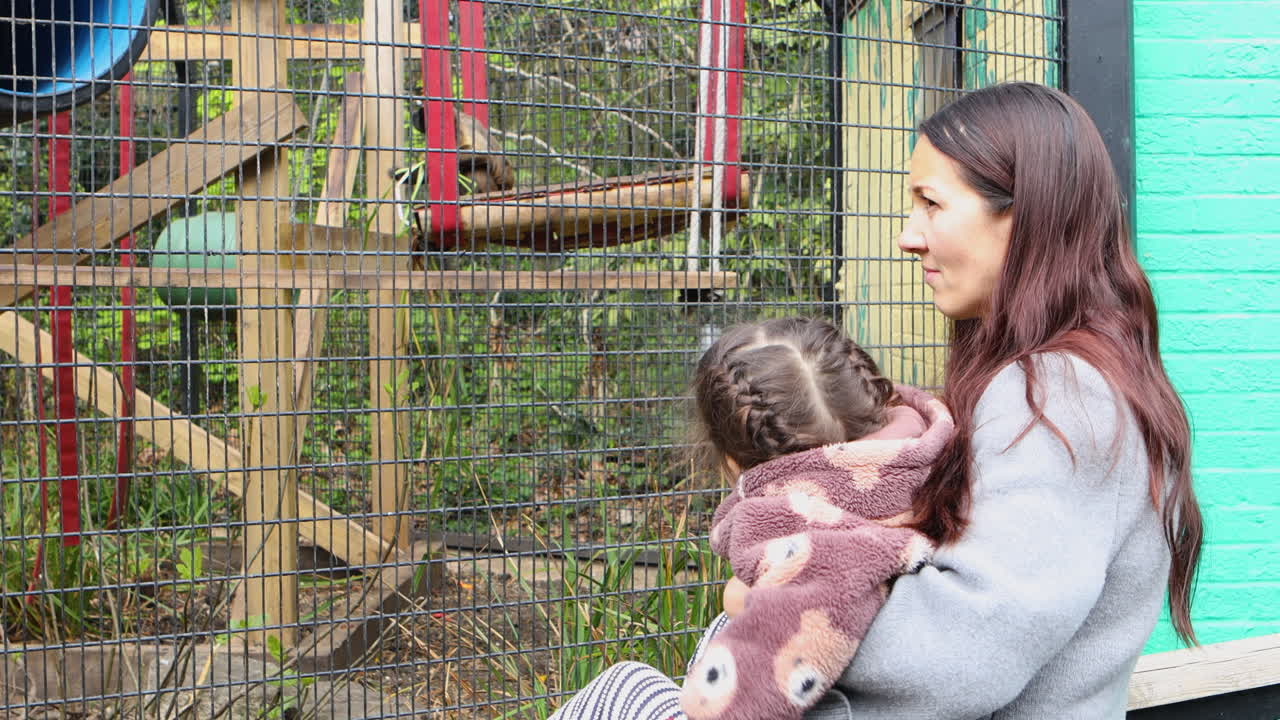 Mother and child watching animals at Battersea Zoo in London on a bright outdoor day